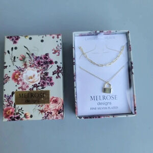 NWT Melrose Designs Silver Plated Lock Layered Necklace 13" + 2" Shimmer Chain